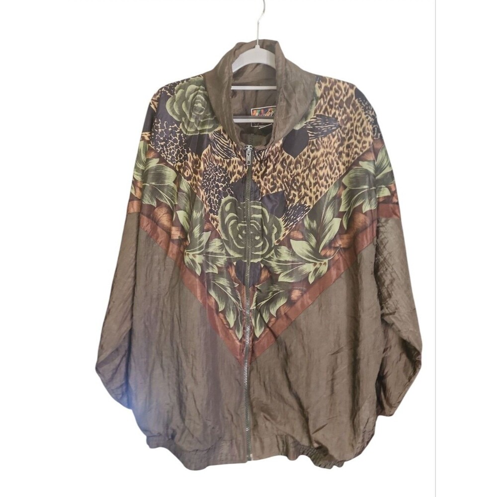 Olive Green Botanical Print Zip-Front Jacket